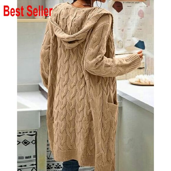 Cable Knit Long Sleeve Sweater Cardigan Open Front Hooded Cozy Chic - Picture 5 of 5